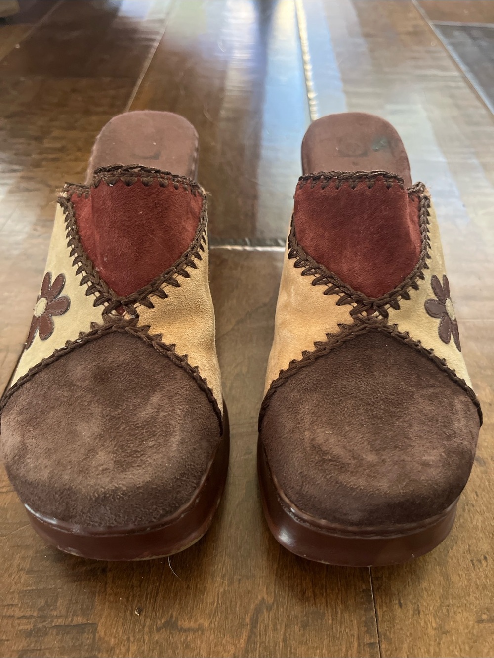 Vintage Y2K Ellemenno patchwork brown suede and leather boho 70’s platform mules
